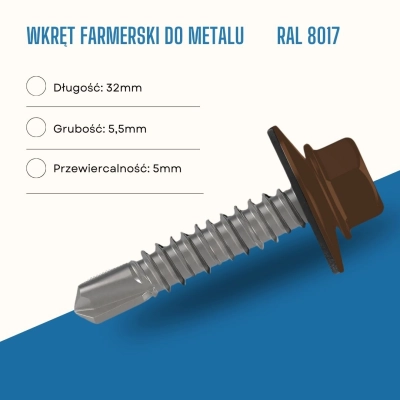 Wkręt farmerski do metalu 5,5x32 mm przewiercalność 5 mm w kolorze RAL 8017